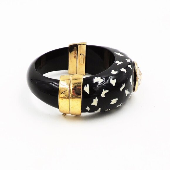 Vintage 1980s Italian Black Spotted Rhinestone Cuff Bracelet - Picture 4 of 11